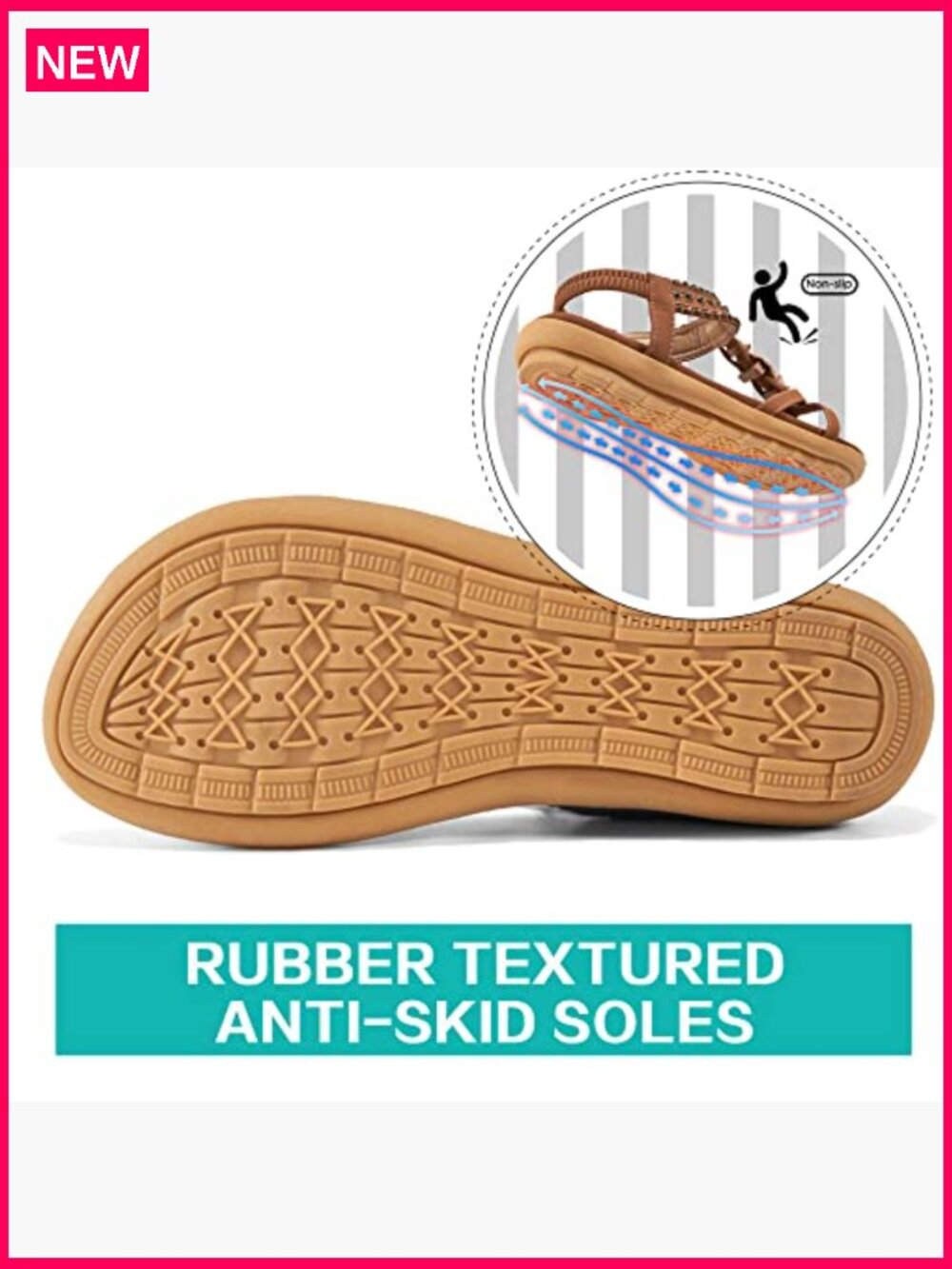 Leather Flat Sandals with Rhinestones, Slip-Resistant Rubber Sole, Elastic Band - Picture 5 of 7